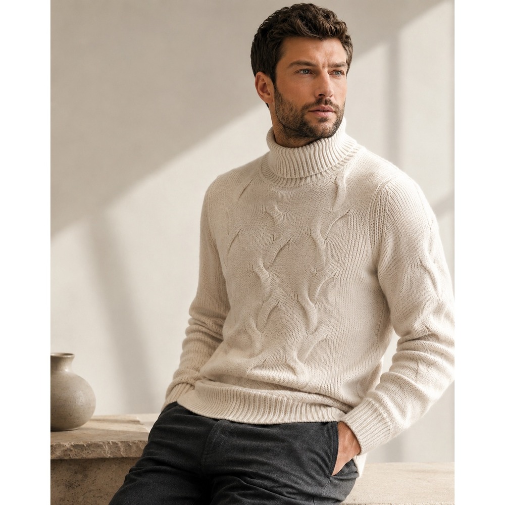 BRAX Brian Cream Wool Cable Knit Turtleneck Sweater Mens Medium NWT